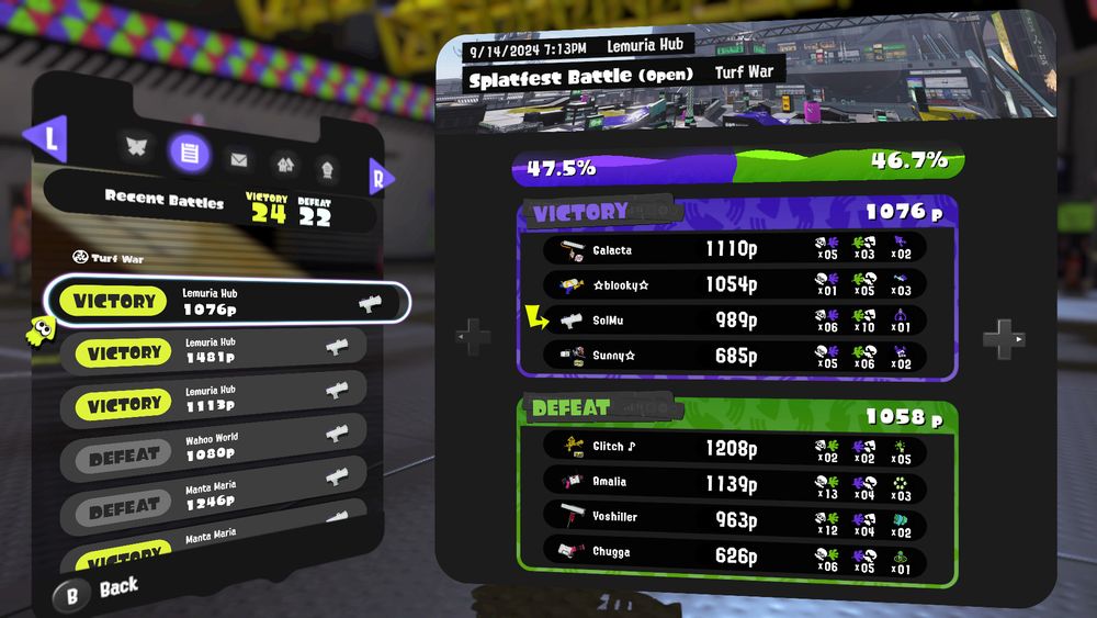 A screenshot from the video game Splatoon 3 showcasing battle results