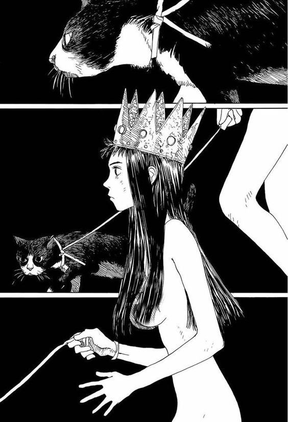 Extrait d'une planche du manga Souvenir d'Emanon avec une jeune fille qui tient un chat au bout d'une corde