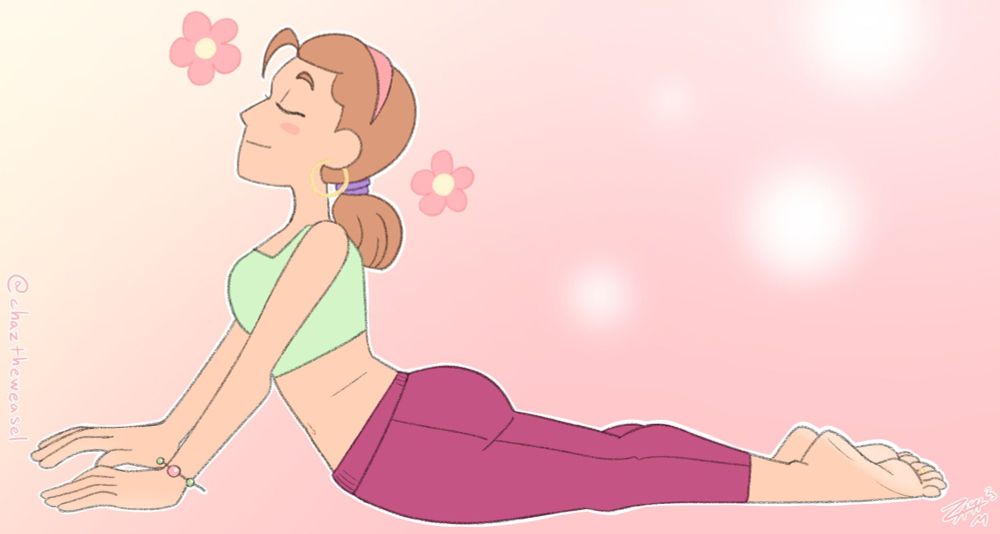 (All pictures used here belong to @ChaztheWeasel.bsky.social.) Hazel doing Yoga in a pristine warm colored background with flowers.