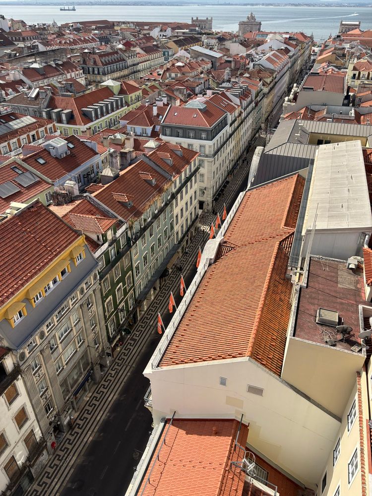 A view across rooftops in Lisbon with the sea in the distance 