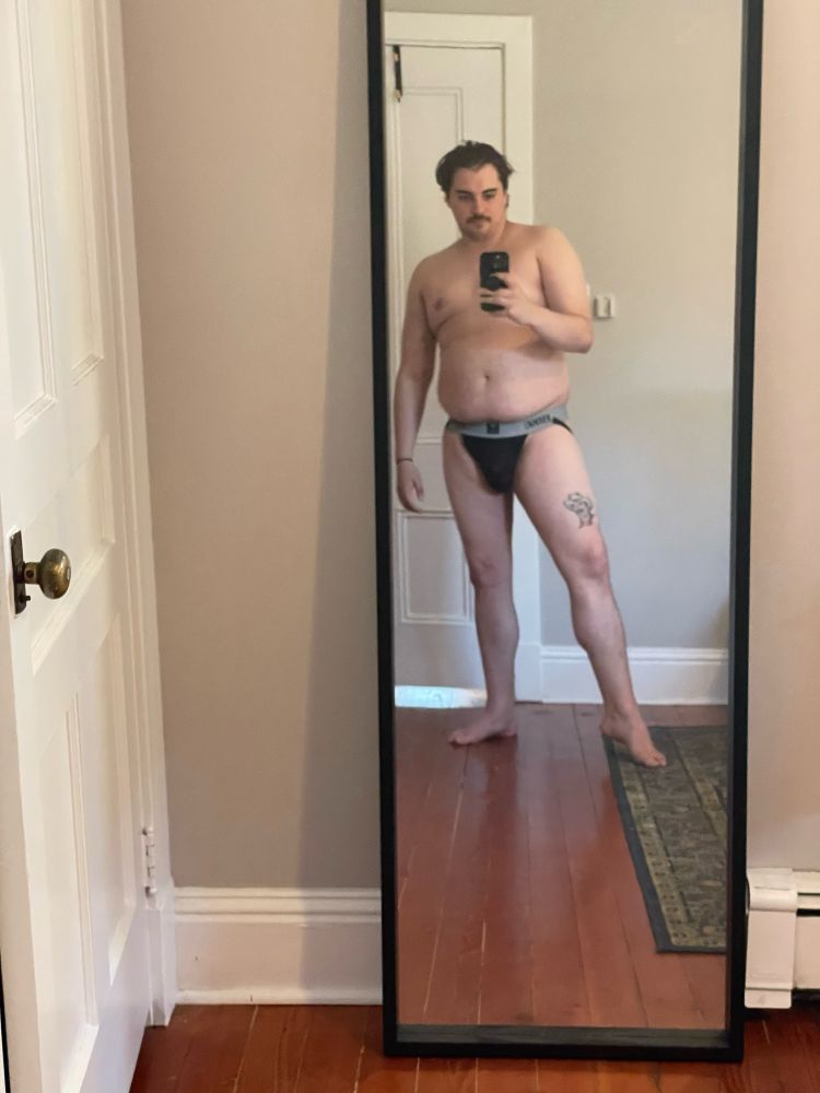 Mirror selfie in a bike jockstrap. Deep dirtbag vibes. 