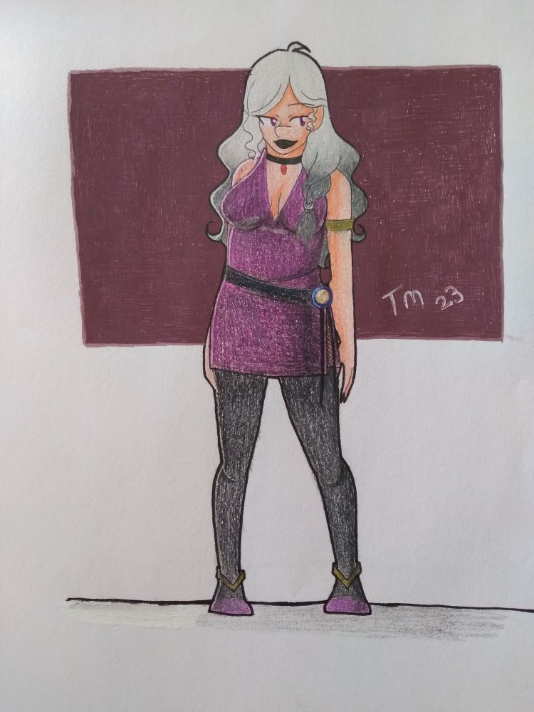 A traditional drawing of a woman. She has long, silver hair with a black ombre and purple eyes. She wears a deep v-neck, short dress with a slit. A belt hangs across her waist and there is a gold and blue gem on the end, with string hanging from it. She wears black thigh high stockings with a gold v-shape anklet and pink heels.

There's also a peek of fishnets due to the slit of her dress. She wears a gold band across her left arm and a black choker with a red pendant. She stands in front of a pink background.