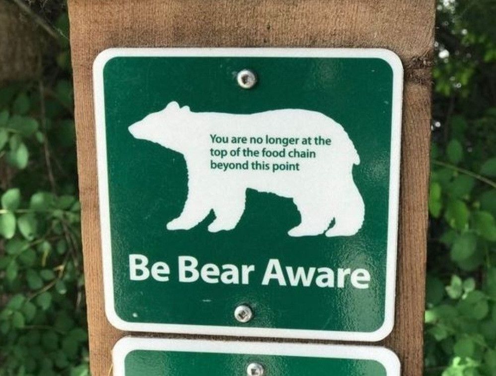 A green sign with a silhouette of a white bear. The main text at the bottom reads, Be Bear Aware, while smaller text inside the bear says, You are no longer at the top of the food chain beyond this point.