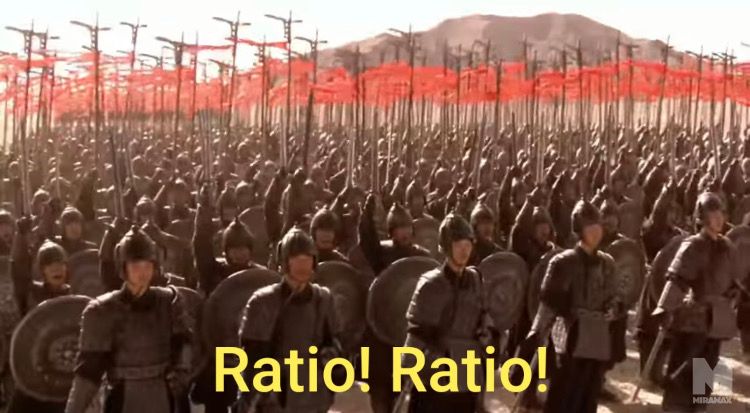 A vast army of soldiers wearing peaked helmets and plate-mail armor and carrying round shields has assembled on a dusty, level plain, with a distant mountain behind them. Their signaling standards, 12 feet tall, topped with a stylized crane in flight over red banners, rise like a forest above the throng. They raise the battle-cry that strikes terror into the hearts of all who hear it: Ratio! Ratio! 