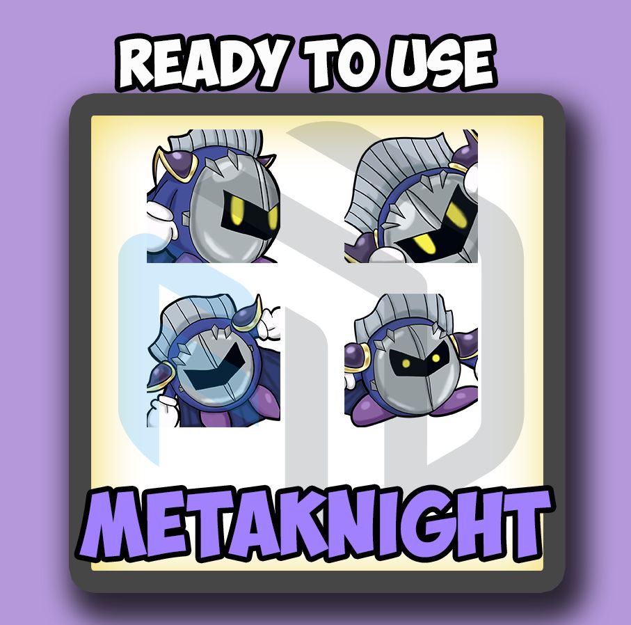 Infographic containing a preview of four Metaknight emotes. A "side eye" emote, a "peeking" emote, a "dead" or "lost" emote, and a "shocked" emote.
