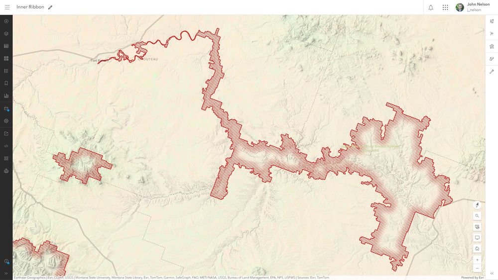 map with red border and faded hatched fill around the interior perimeter