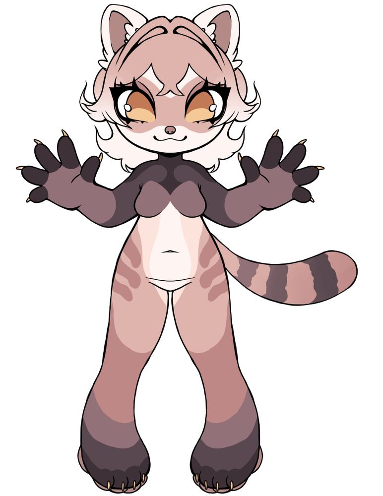 There is a symmetrical refsheet of a raccoon girl who is colored with whites, creams, pale browns, ash browns & gray browns. She has bright, honey-yellow eyes and sharp claws of the same color on both her paw-hands and feet. Her raccoon facial markings are pale brown. She has a slightly smug smile on her face.