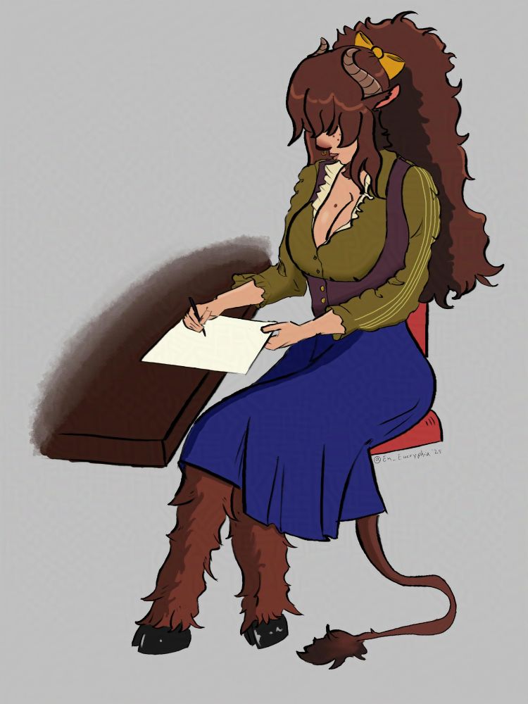 A satyr in office wear sitting on a desk writing something.