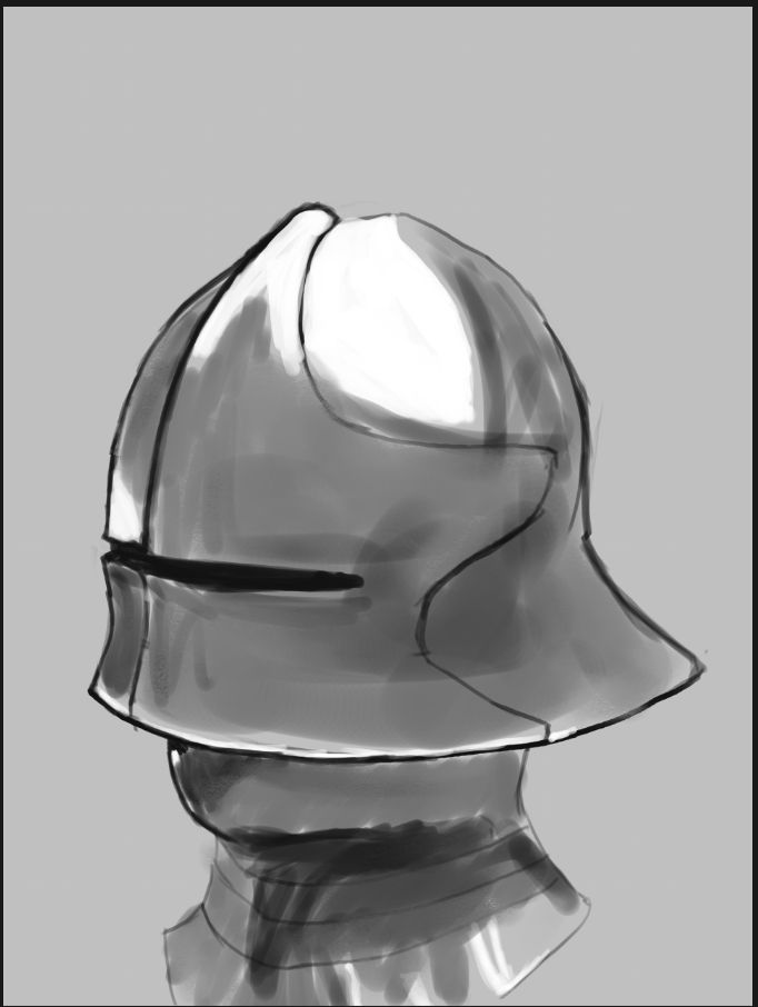 A sallet (armor). The headpiece of metallic armor.
