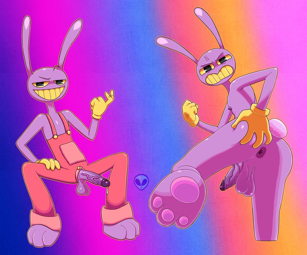 A nsfw drawing of Jax from The Amazing Digital Circus with his dick out. On the right is a drawing of him presenting his asshole. 