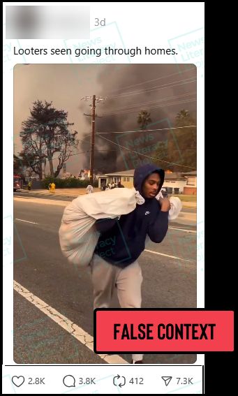 A Thread post reads, “Looters seen going through homes” and features a man carrying a large white bag down the street as plumes of black smoke are seen in the background. The News Literacy Project added a label that says “FALSE CONTEXT.”