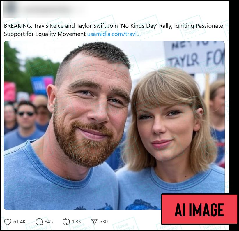 A Threads post reads, “BREAKING: Travis Kelce and Taylor Swift Join ‘No Kings Day’ Rally, Igniting Passionate Support for Equality Movement usamidia.com/trav..” and features an image that appears to show the two celebrities at a protest. The News Literacy Project has added a label that says “AI IMAGE.”