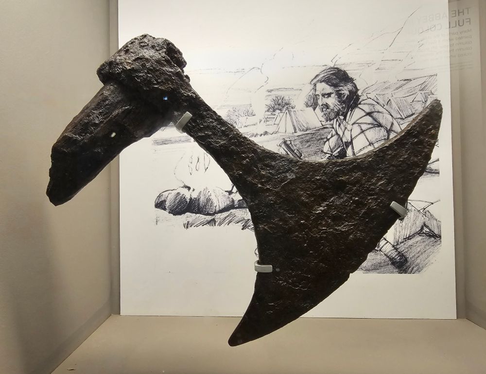 A rusty battleaxe head with a bit of wooden shaft, held on a museum stand in front of a drawing of a viking man