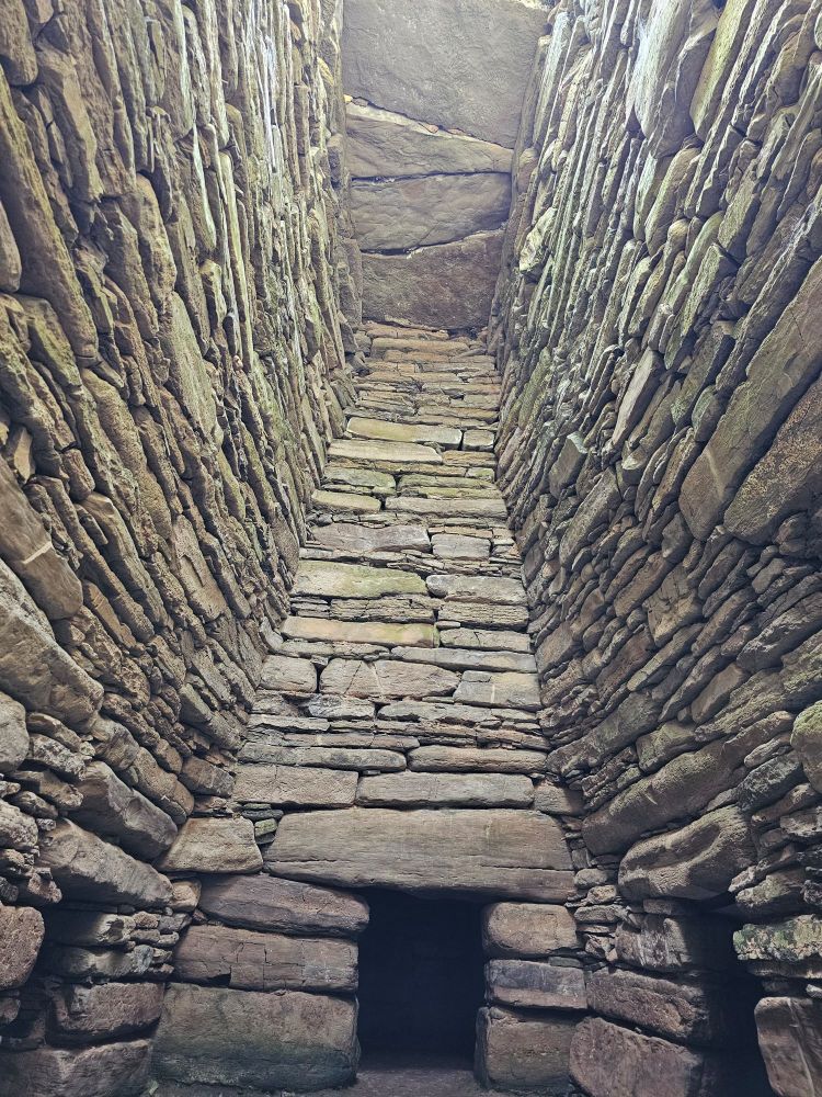 Inside an ancient tomb, with high stone walls on three sides above dark chambers at ground level