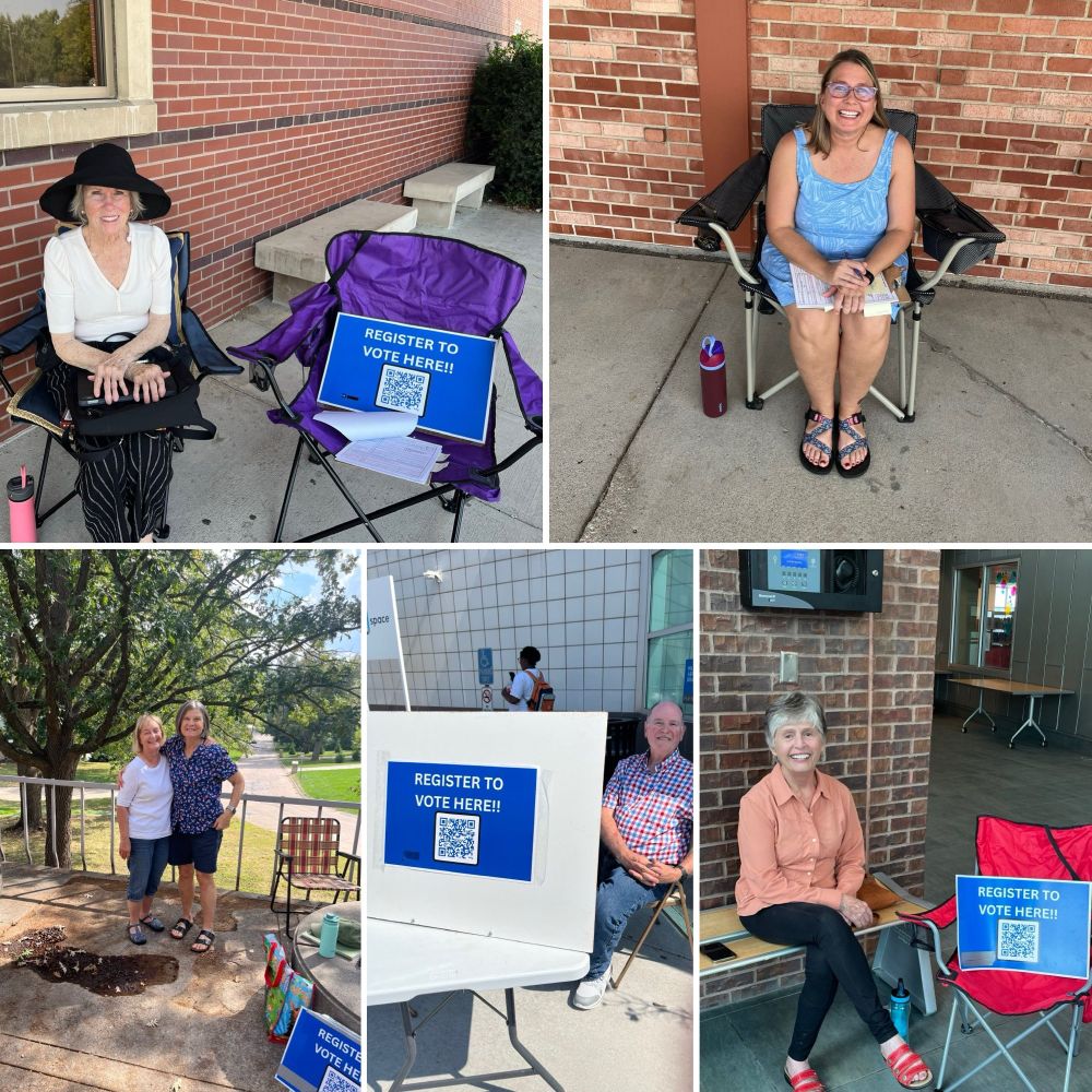 Collage of people registering voters – The image is made up of five smaller pictures, each showing individuals seated outside or just inside buildings, near visible signage that reads, "REGISTER TO VOTE HERE!!" with a large blue background and a QR code below the message. 

Top left: A woman in a sunhat and light-colored outfit sits on a folding chair with a pink bottle on the ground, next to a purple chair displaying the voter registration sign.
Top right: A woman in a blue sleeveless dress sits smiling on a folding chair, with a water bottle on the ground next to her.
Bottom left: Two women stand side by side outdoors under a tree, with chairs and the registration sign nearby.
Bottom middle: A man in a checked shirt sits outside a building at a white table, also displaying the sign.
Bottom right: A woman in an orange button-down shirt, with short gray hair, sits smiling on a bench inside a building, with the voter registration sign on a nearby red chair. 

The overall mood is friendly and welcoming, focused on encouraging voter registration.