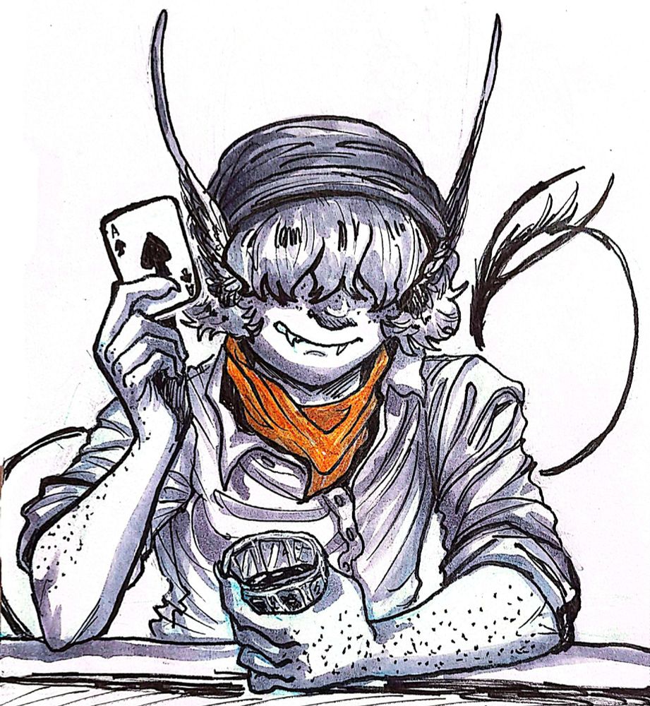 A traditionally inked drawing of a person showing off an ace of spades and holding a glass of whiskey. His eyes are covered by his bangs, he has long feathered ears, and a pointy tail. Their orange bandana is the only colored object in the picture.