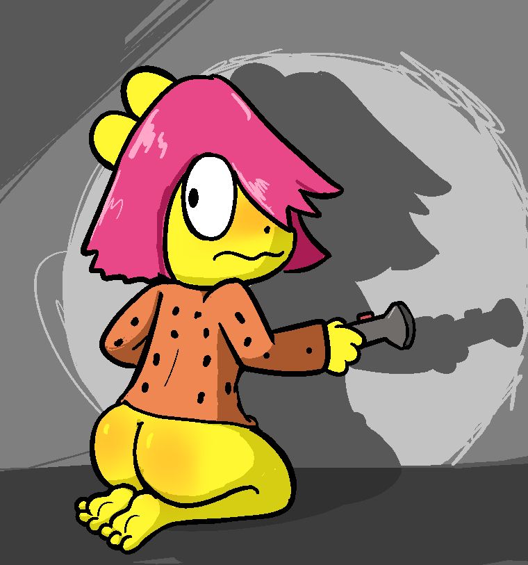 BB from the game Anthology of the Killer on her knees holding a flashlight, her buttocks and bare feet visible, a surprised and embarrassed expression on her face as she looks back at the viewer