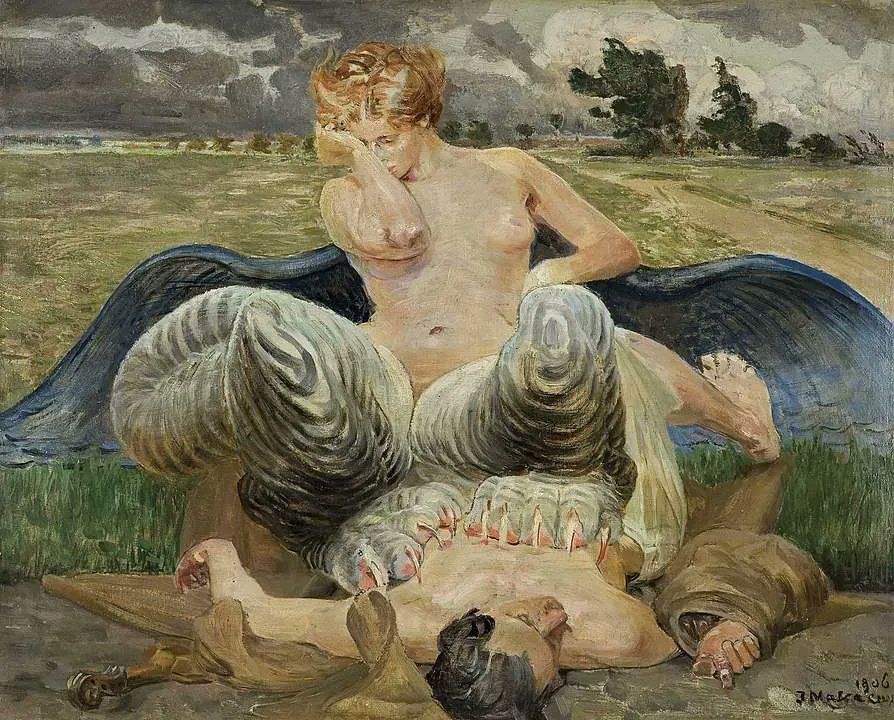 A painting of a chimeric woman with the wings of a bird and the legs of a tiger, pinning a man to the ground with her paws in an open field