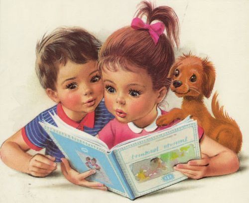 illüstrasyonda bir kız çocuğu elinde bir kitap okuyor. yanında bir köpek ve erkek çocuğu var.