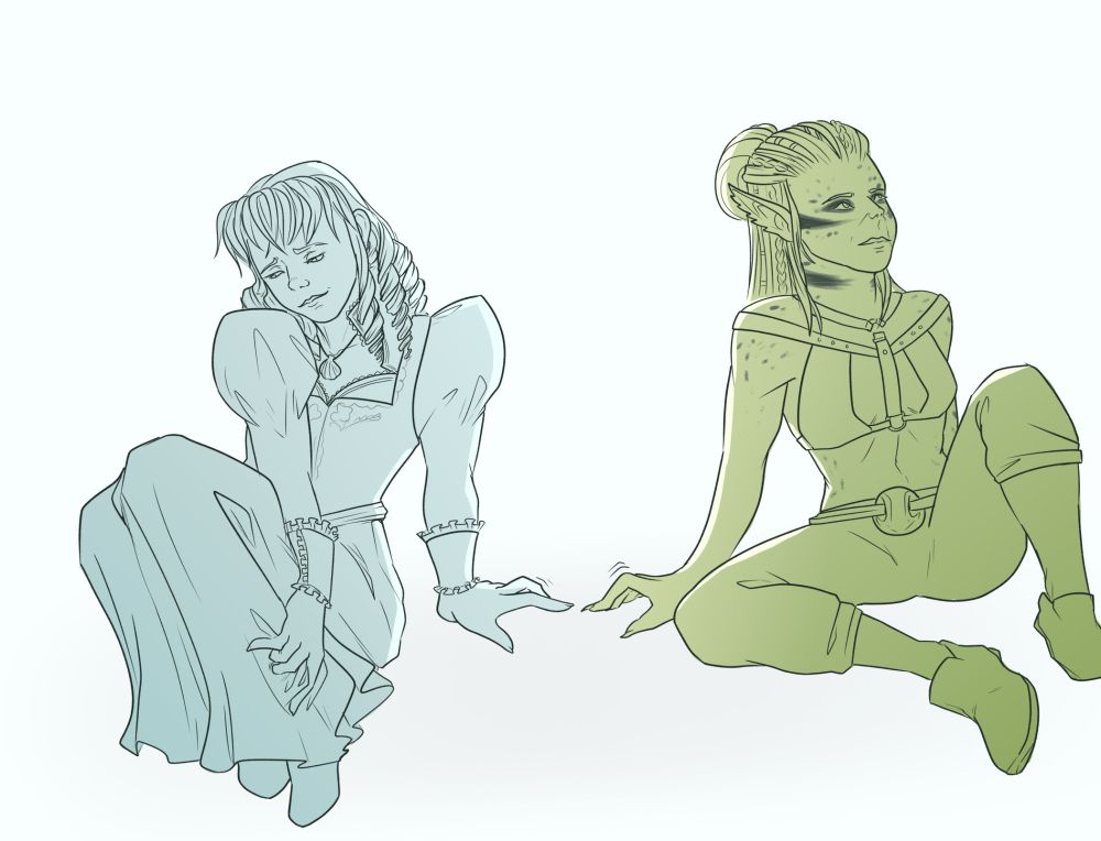 Mina and Lae'zel sit side by side. Their hands are almost touching, but not quite.