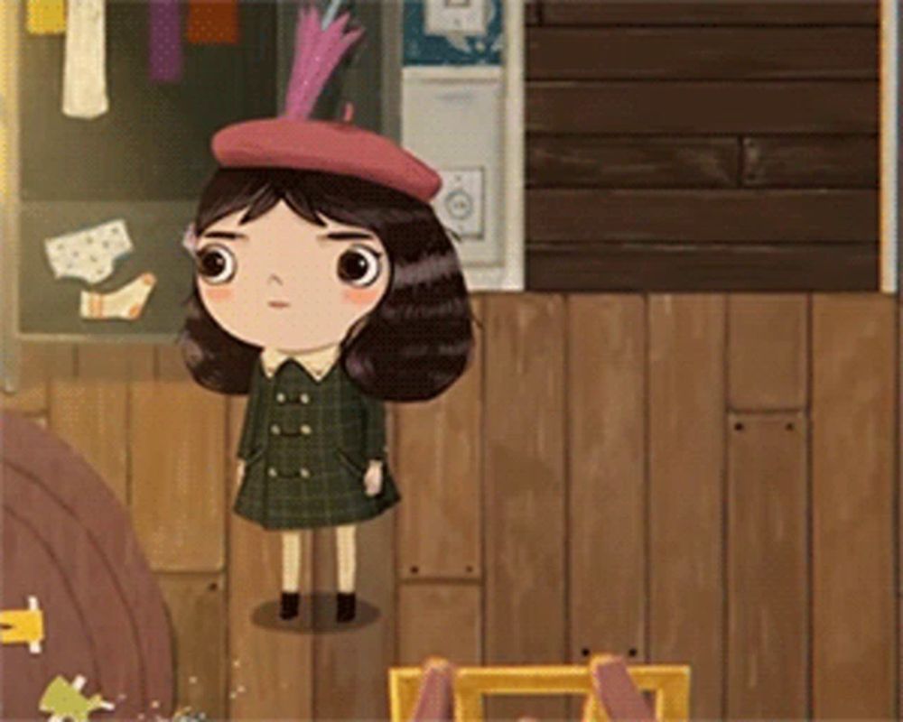 a cartoon girl wearing a beret and a plaid dress