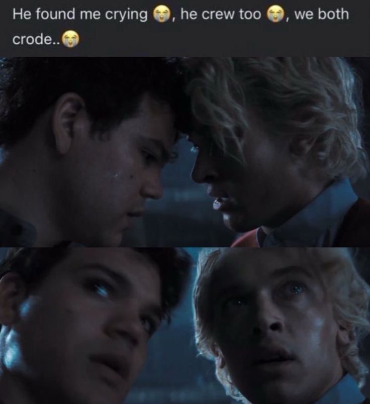 image of sejanus plinth and coriolanus snow from the ballad of songbirds and snakes movie. their foreheads are pressed together and sejanus has tear tracks on his face. they both look startled. text reads “He found me crying 😭, he crew too 😭, we both crode.. 😭”