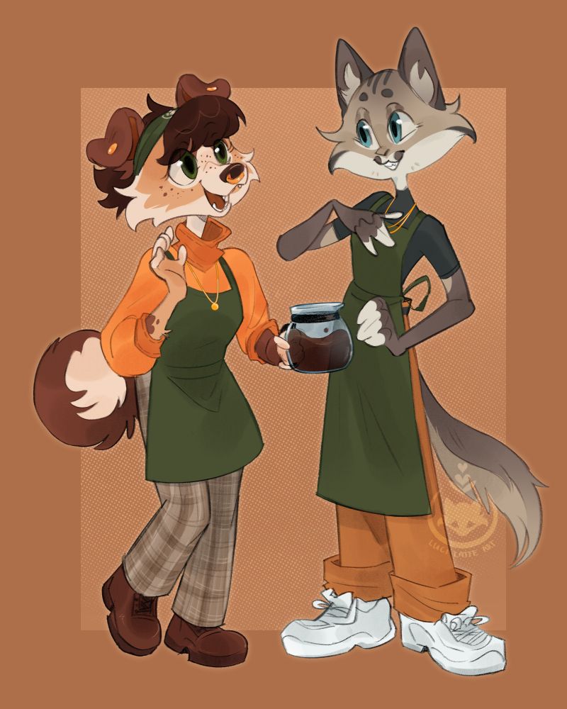 Anthropomorphic dog and cat standing together and chatting. They are both wearing green aprons, and the dog is holding a pot of coffee