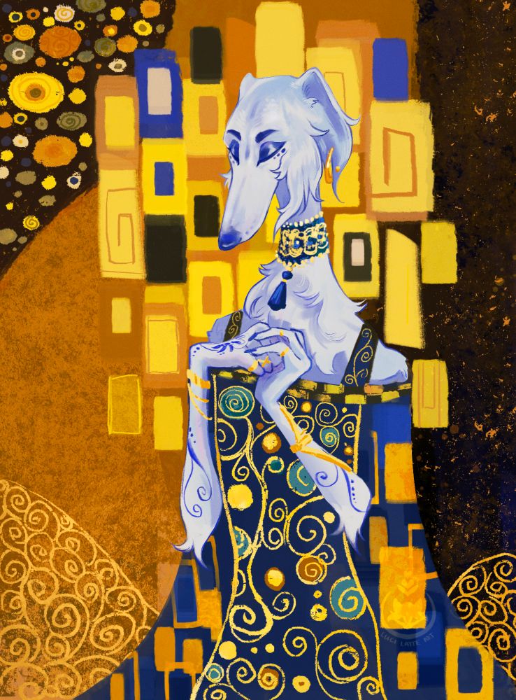 An anthropomorphic white borzoi wearing an ornate blue dress with surreal gold patterns consisting of squares and spirals, as well as in the background
Inspired by "portrait der Adele Bloch-Bauer" by Gustav Klimt
