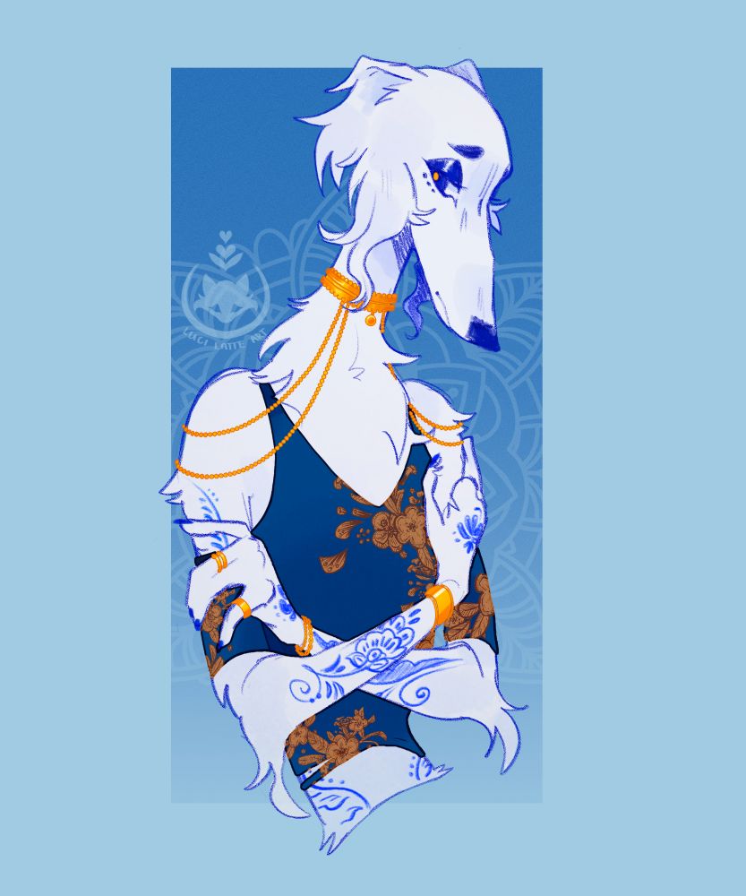 White anthropomorphic borzoi with blue markings dressed in a floral top. They are embraced in a self hug 