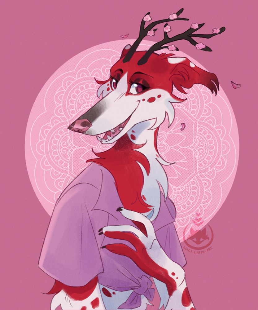 A red and white anthropomorphic borzoi with blooming cherry blossom antlers, wearing a pink shirt