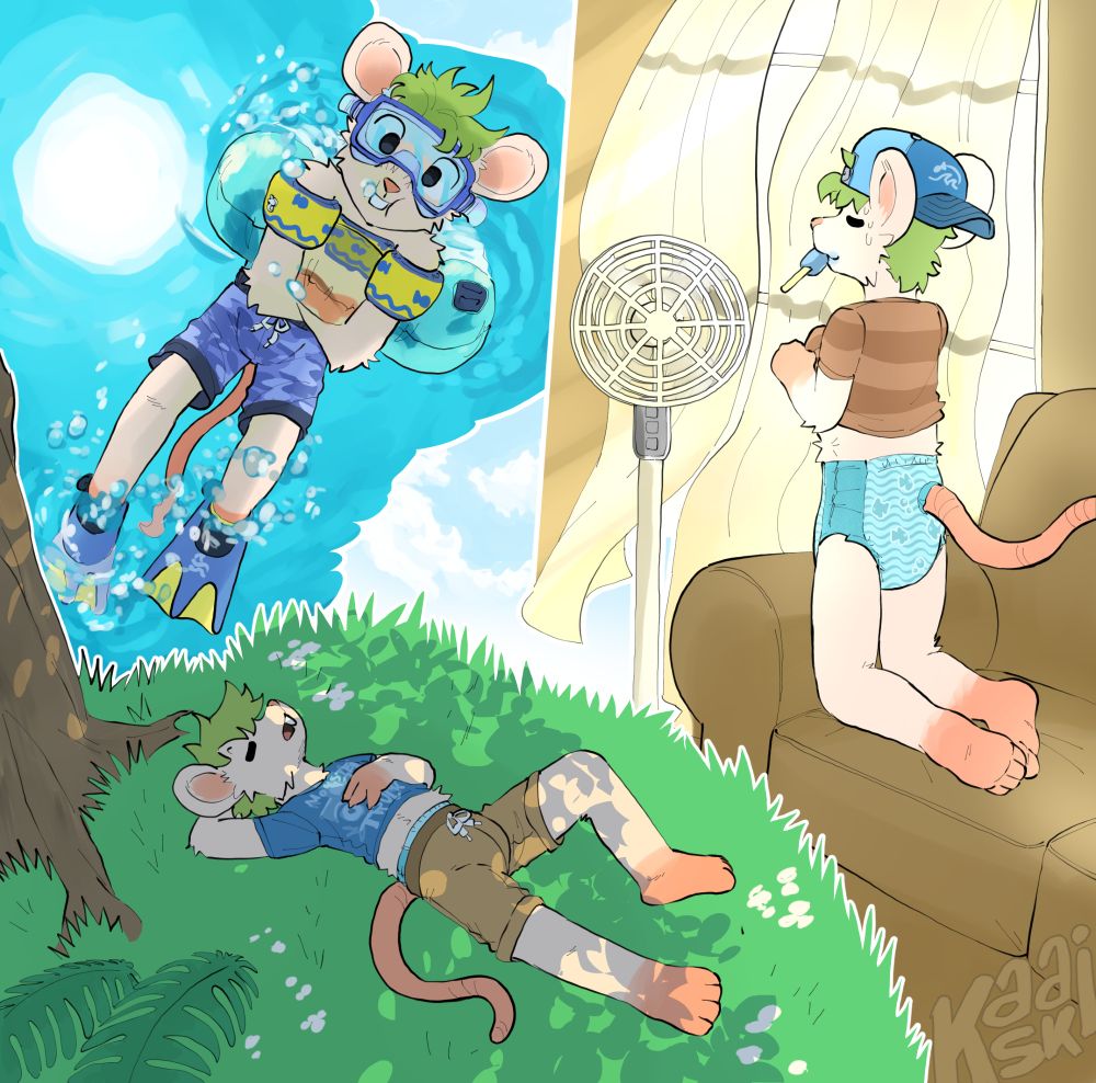3 poses
Swimming with floaties, a tube, goggles, flippers.
Cooling off with a fan
Laying in the grass cooling in the shade.