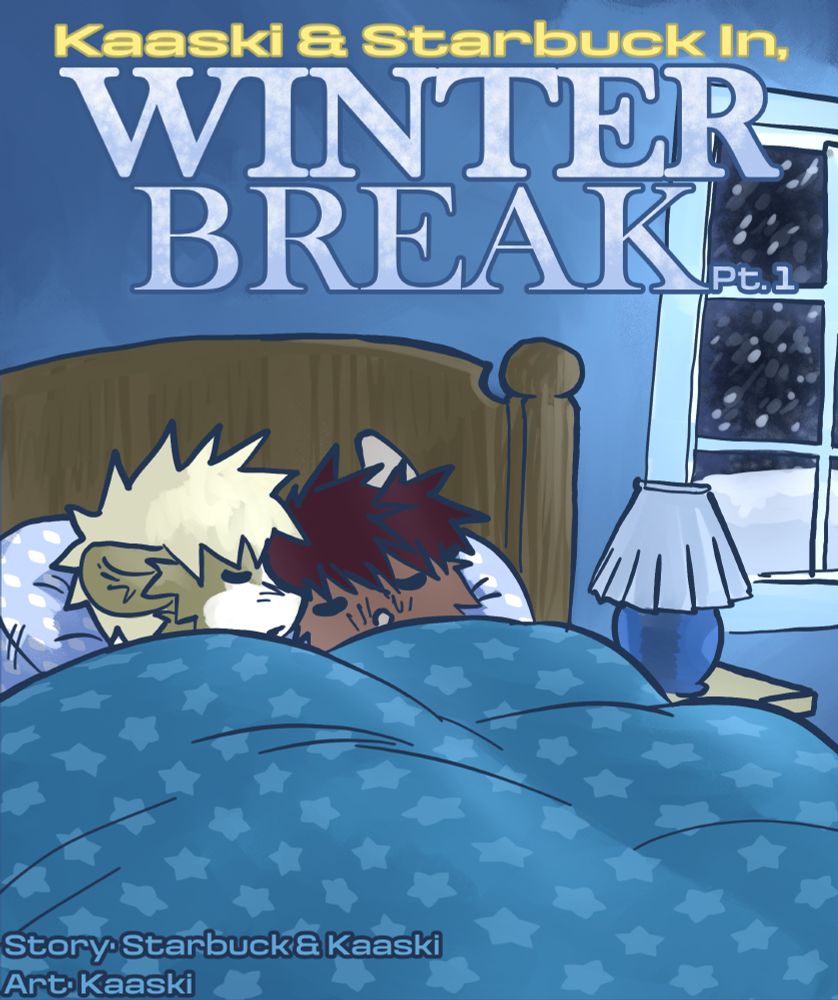 Cover page for Winter Break featuring Starbuck and Kaaski sleeping while a snowstorm goes on outside