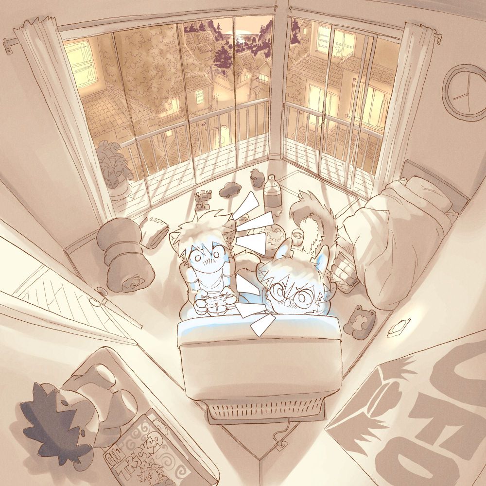 Perspective drawing of a room with a balcony and town visible in the back. Two characters are close to the screen in a intense gaming session. There are diapers in the scene