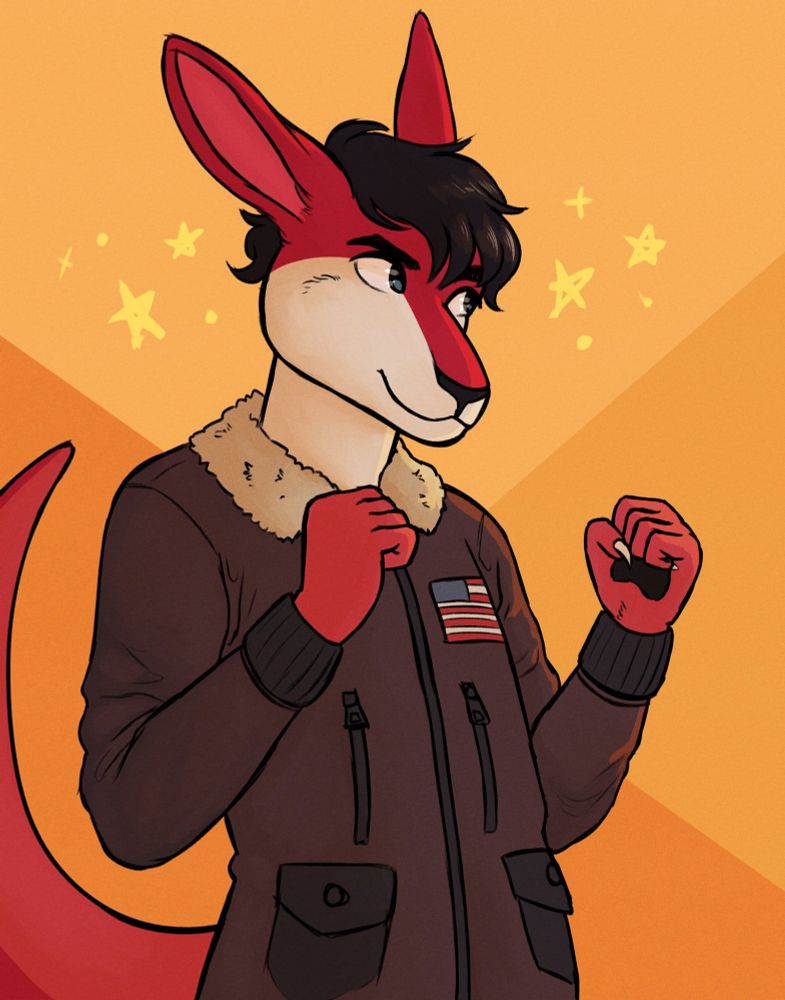 A red, anthro kangaroo wearing an old brown leather bomber jacket. Behind them is an orange background with yellow starts sporadically spread across it