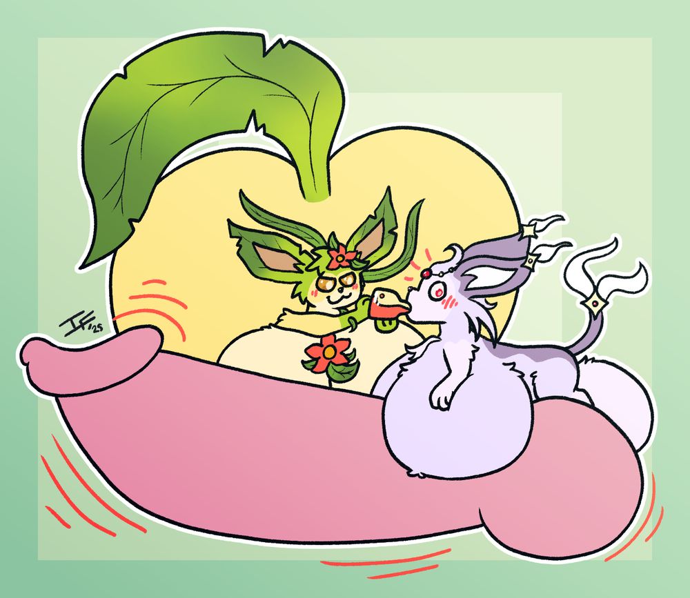 leafeon with hyper sized butt and breasts feeding a potion to an espeon with hyper breasts, causing her cock and balls to grow to hyper sizes