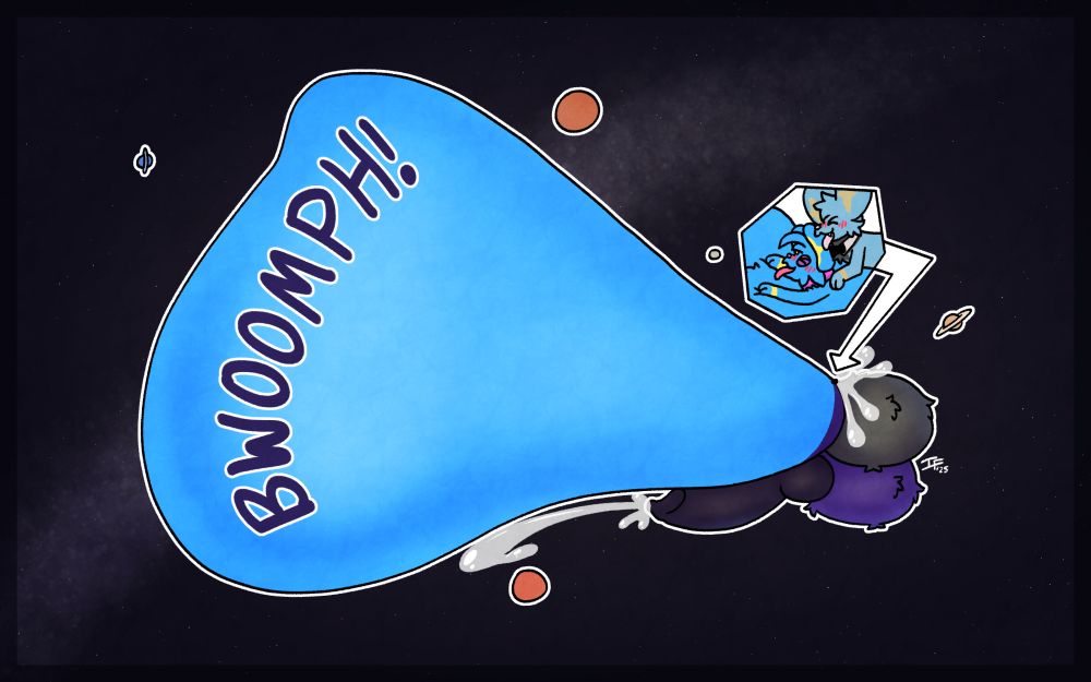 two shinxes with astronomically large cocks and balls bigger than planets, one being penetrated and cumflated by the other, causing their body to bloat to a size rivalling the stars