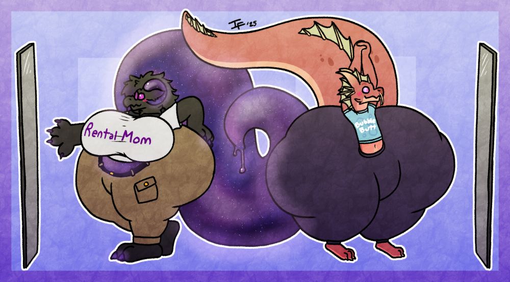 two kobolds, both with hyper-sized butts and one with large breasts, trying out clothes in front of a couple of mirrors; one shirt reads "rental mom" and the other "bubble butt"