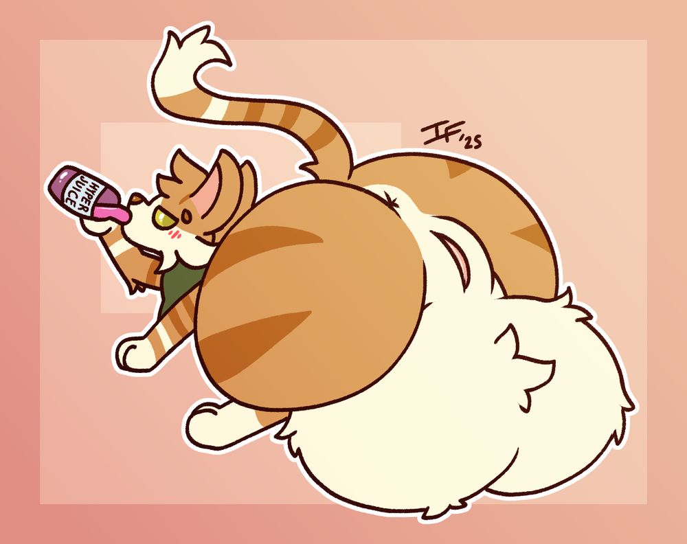 A cat drinking a bottle of "Hyper Juice" While showing of his huge butt and balls