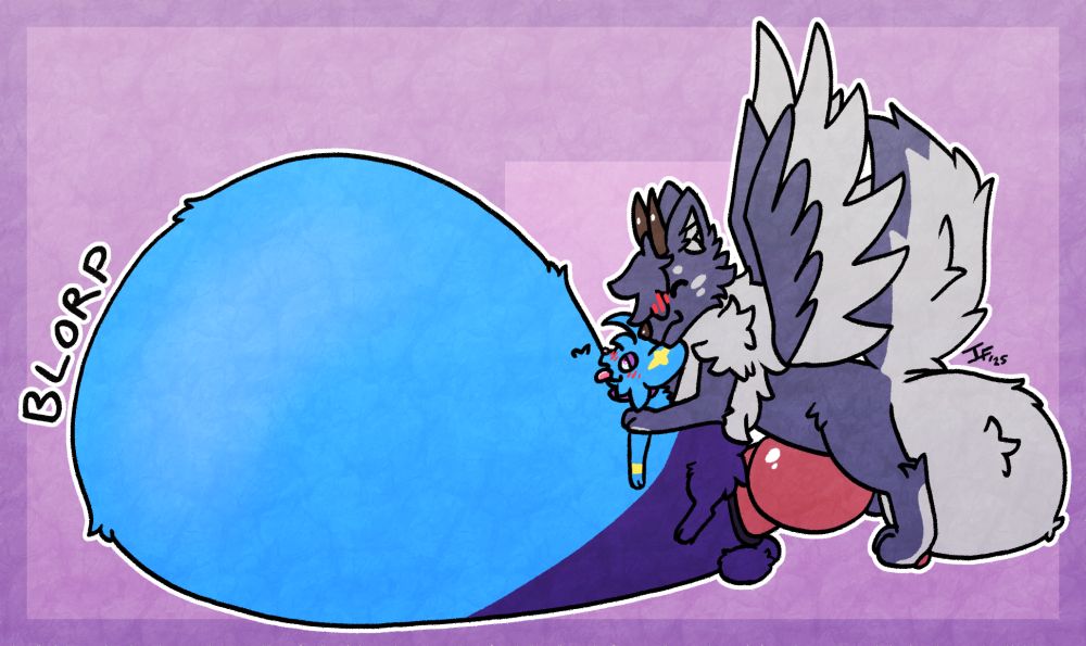 a winged wolf cum inflating a shinx to a size bigger than the both of them combined