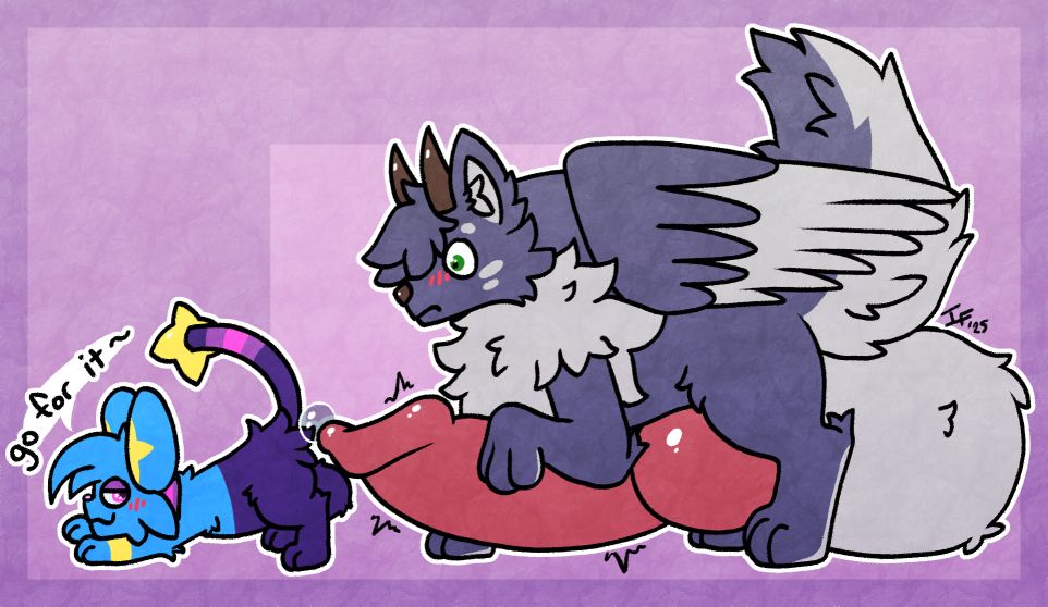 a winged wolf with hyper cock and balls staring at a shinx who is waving his butt