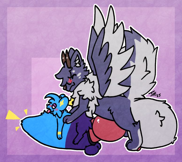 a winged wolf stuffing his hyper cock in a shinx, stretching out his body