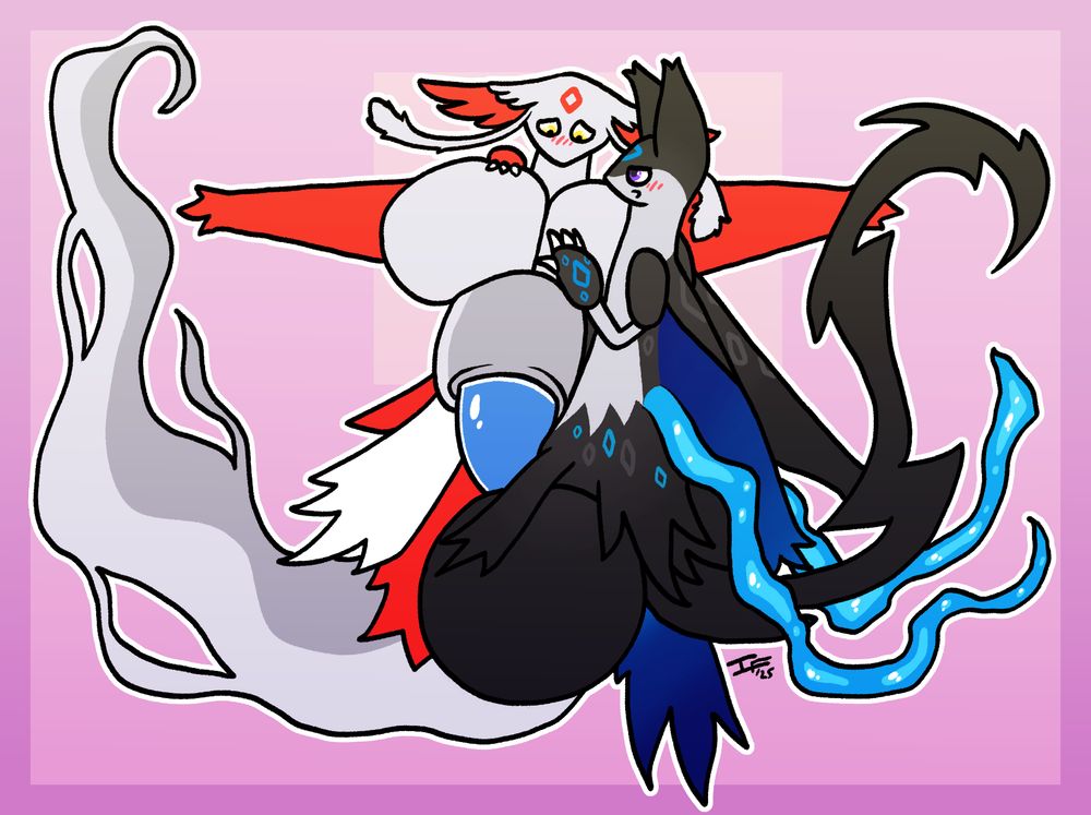 a latios with hyper sized cock and balls fucking a latias with hyper sized breasts