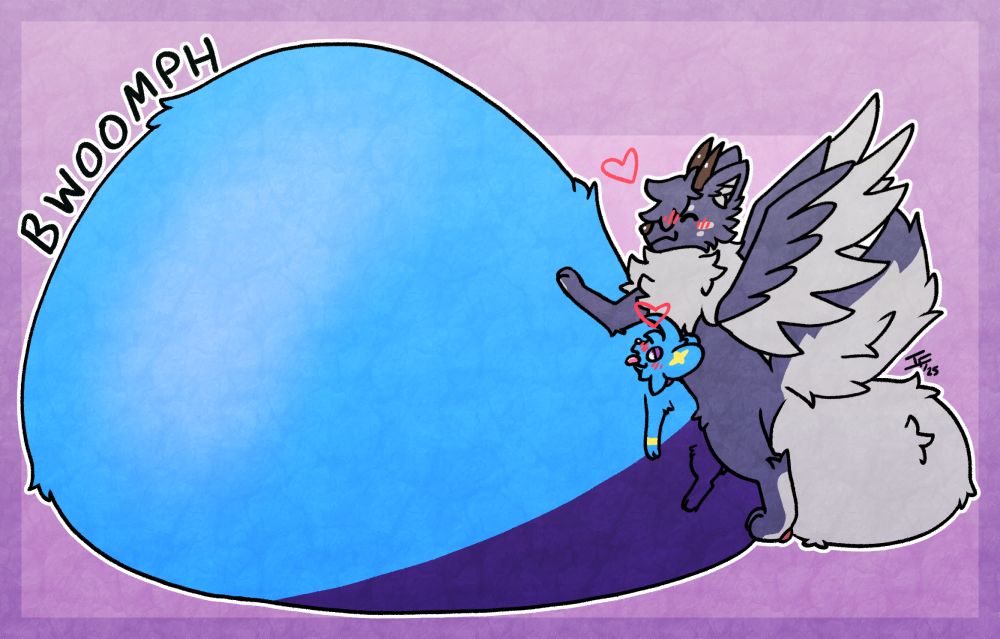 a winged wolf cum inflating a shinx to a size much bigger than the both of them combined