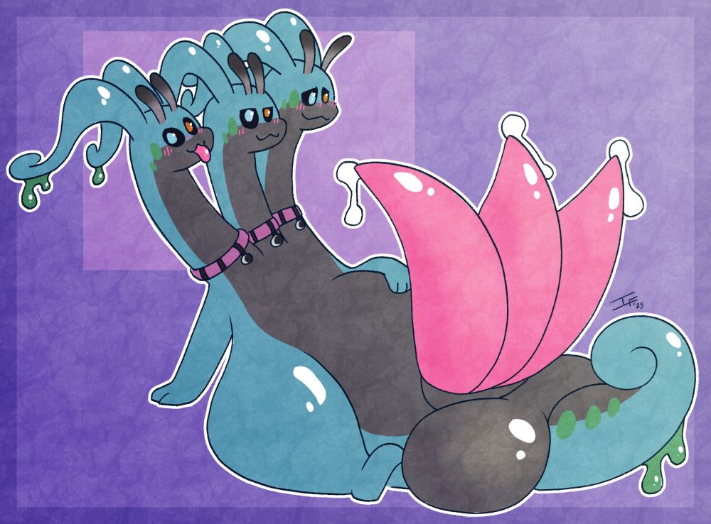 a three headed goodra showing off their three cocks