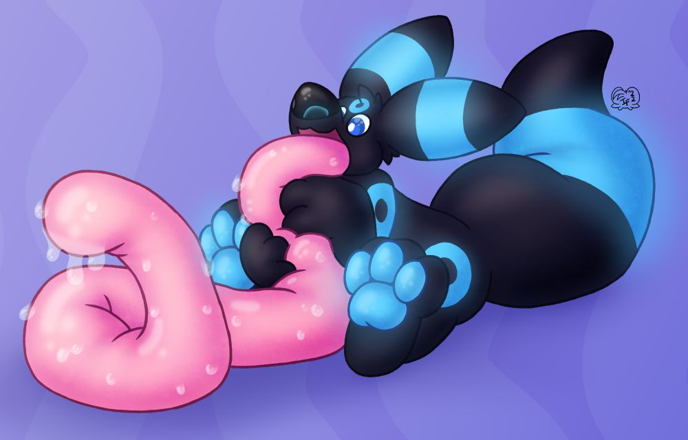 An umbreon squishing their hyper-sized tongue