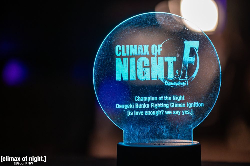 Its a picture taken at Climax of Night Final Season: [breakadawn] event on 10/25/25 by @goonpnw.bsky.social from the Hilton Atlanta Northeast hotel in Norcross, Georgia.

Its the trophy for Dengeki Bunko: Fighting Climax Ignition