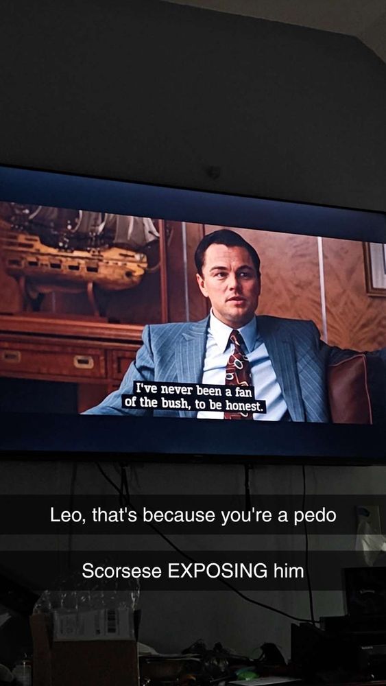A photo of Wolf of Wall Street from my television. Leo's character is saying "I've never been a fan of the bush, to be honest." 

I call him a peter-file and said " Scorsese EXPOSING him"