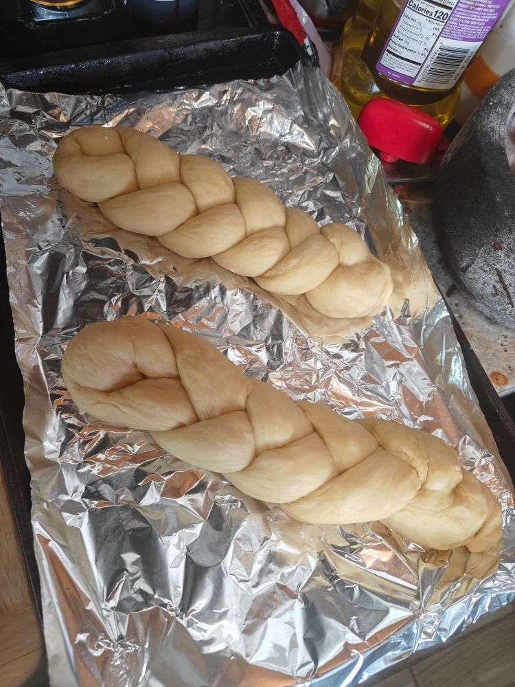 The dough from before has been separated into six 190 gram pieces and braided. The one on the TOP looks better because the dough was rolled in flour before braiding. I was experimenting 