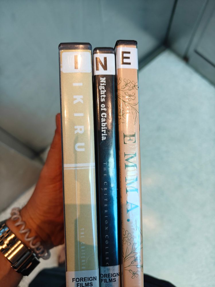 Copies of Ikiru, Nights of Cabiria, and Emma. 