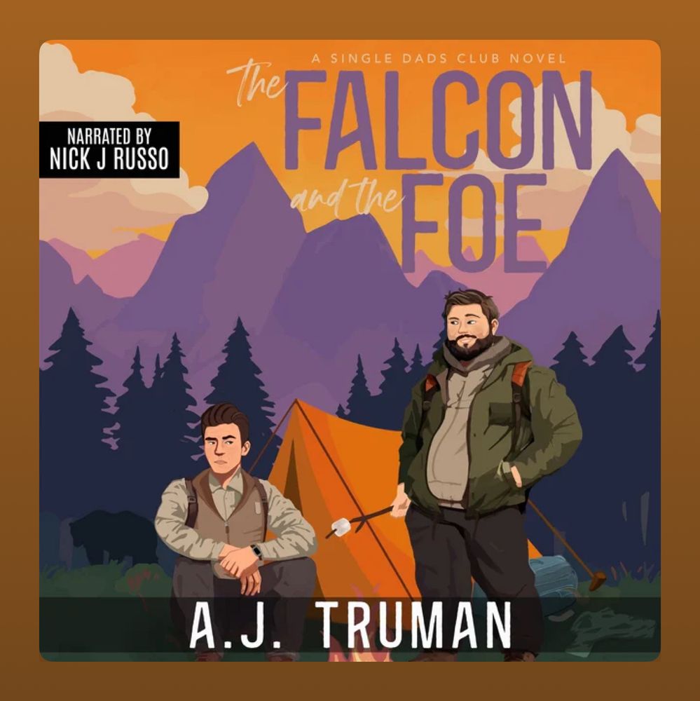 A screenshot of the cover art for The Falcon and the Foe. One man with dark hair wearing a tan shirt and light brown vest and dark pants sits in front of an orange tent. Another dark haired man who has a beard wears a tan hoodie, olive green jacket, and dark pants stands looking at him. There are mountains and pine trees in the background 